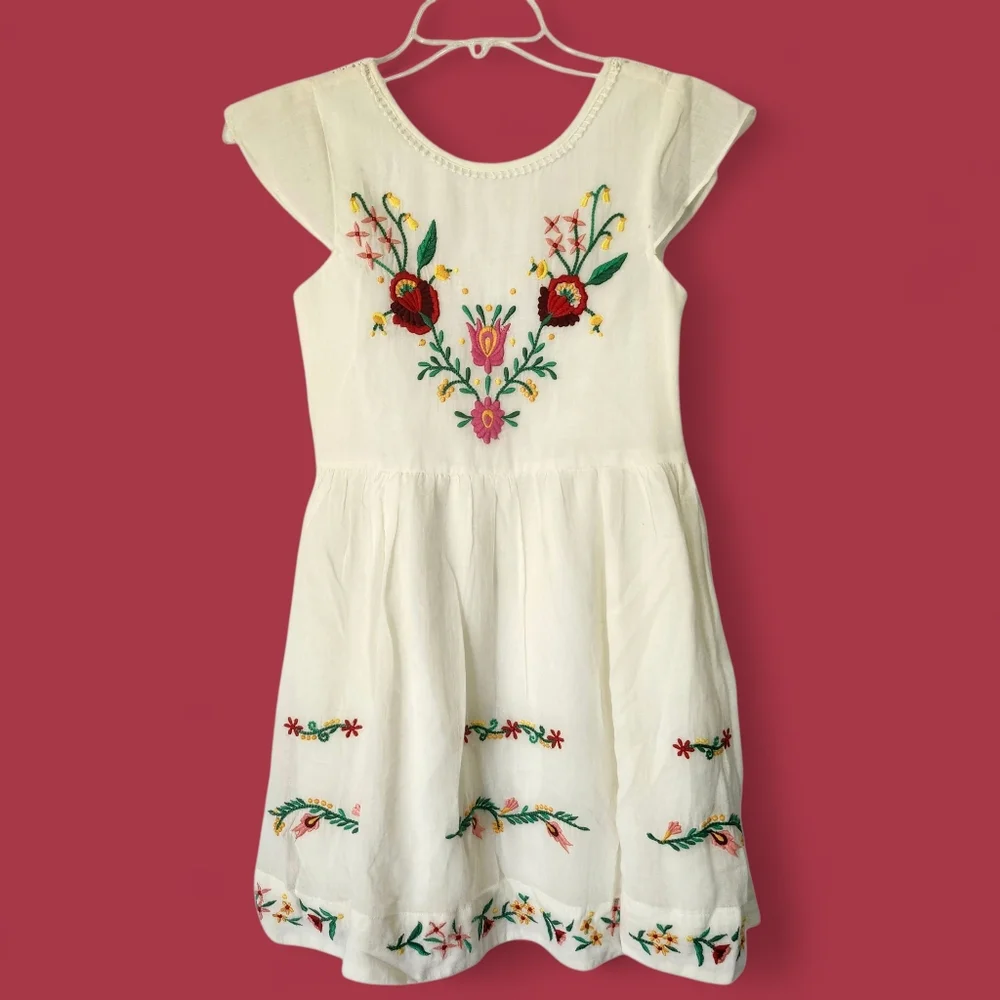DERHY KIDS Gauzy Embroidered‎ Floral Bohemian 100% Cotton Dress Sz 10/12 Wedding